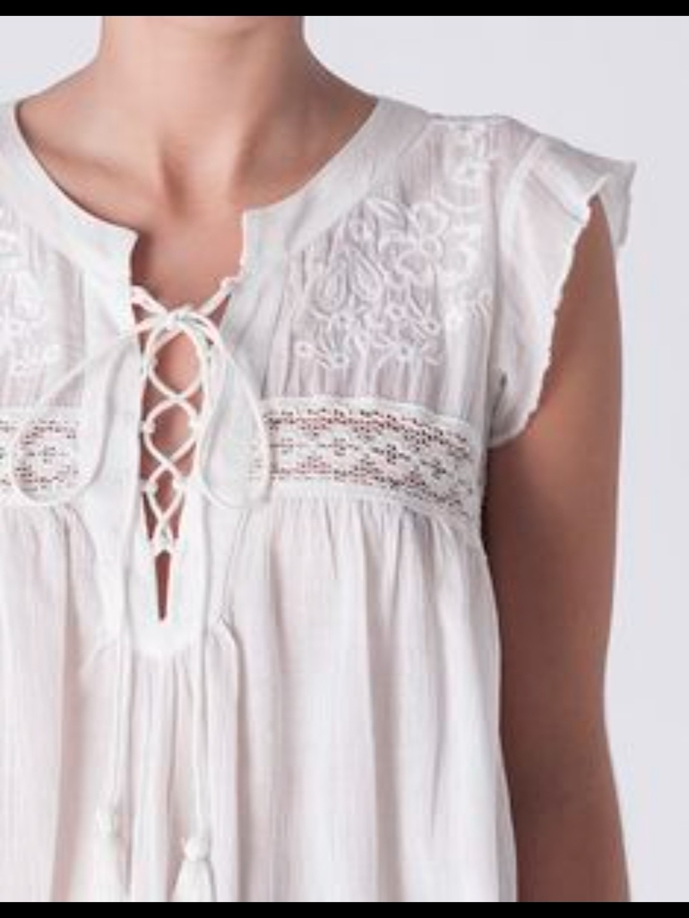 Lucky Brand White Lace-Up Embroidered Peasant Tunic